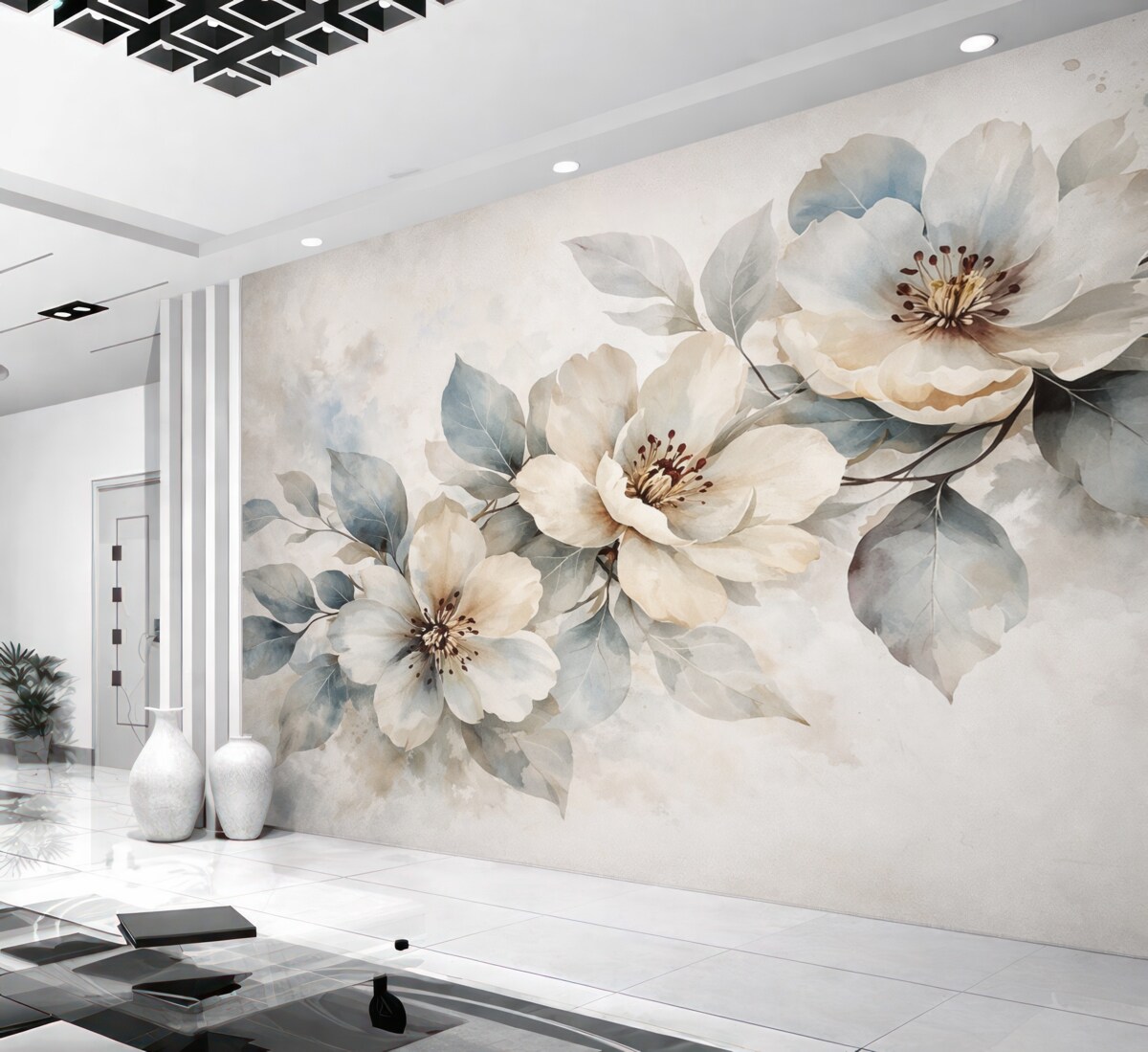 Fototapeta Subtelna biało-niebieska aranżacja kwiatowa o akwarelowej fakturze, z delikatnymi płatkami i pręcikami.