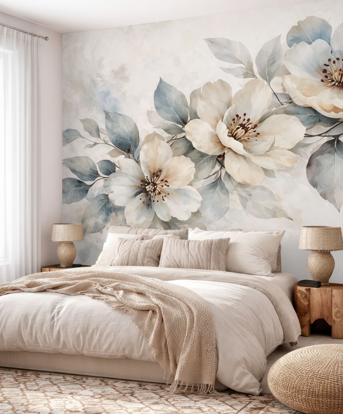 Fototapeta Subtelna biało-niebieska aranżacja kwiatowa o akwarelowej fakturze, z delikatnymi płatkami i pręcikami.