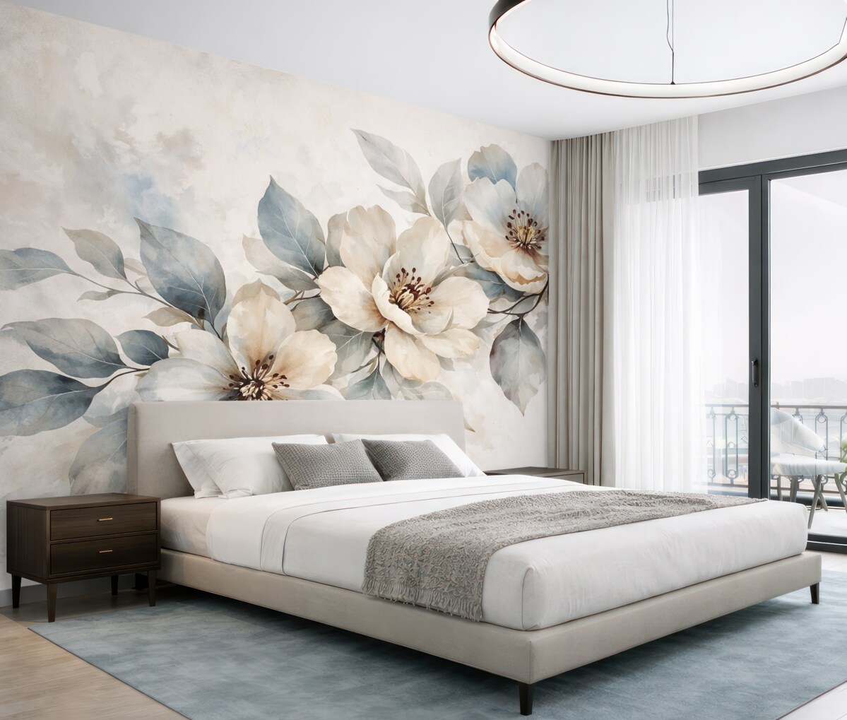 Fototapeta Subtelna biało-niebieska aranżacja kwiatowa o akwarelowej fakturze, z delikatnymi płatkami i pręcikami.