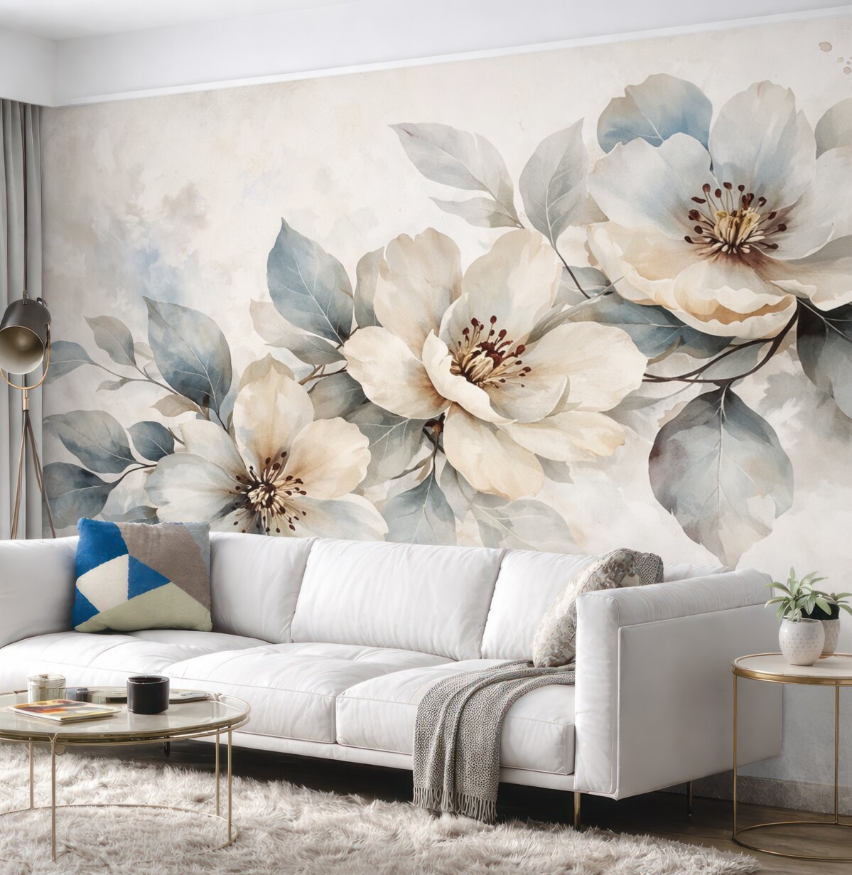 Fototapeta Subtelna biało-niebieska aranżacja kwiatowa o akwarelowej fakturze, z delikatnymi płatkami i pręcikami.