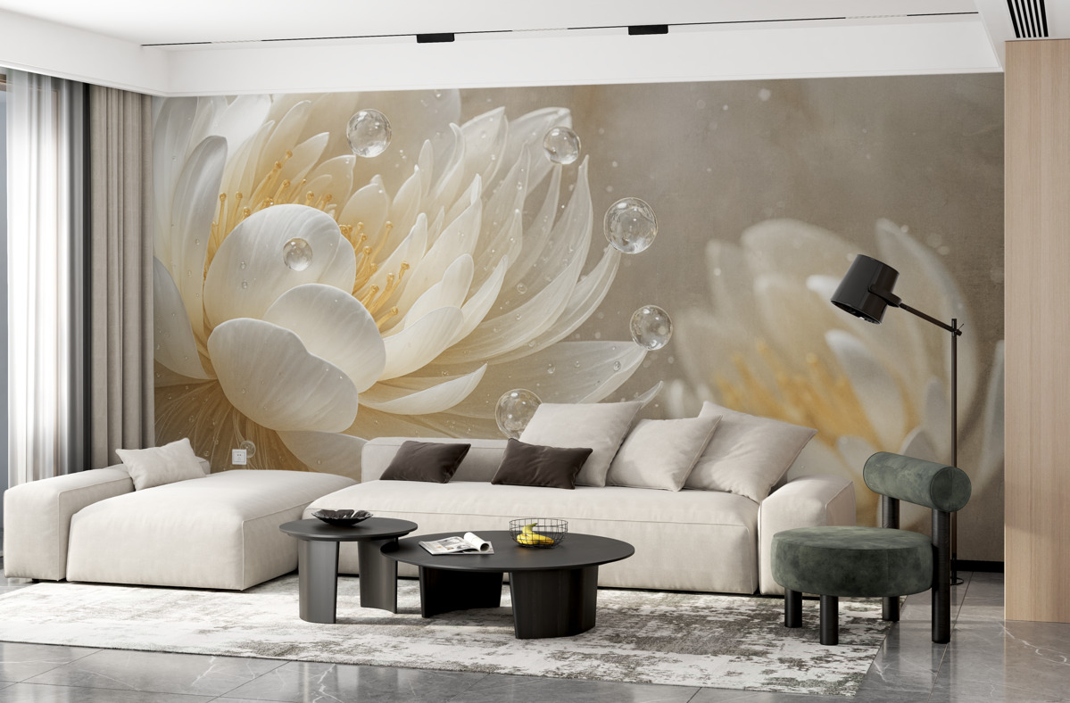 Fototapeta Zbliżenie jasnego kwiatu piwonii z kroplami wody na subtelnych płatkach, tworzących łagodną atmosferę.