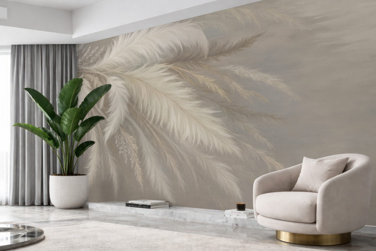 Fototapeta Miękkie, puszyste białe pióra oraz suszone kwiaty na stonowanym pastelowym beżowym tle.