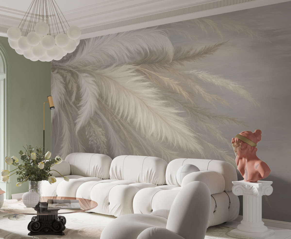 Fototapeta Miękkie, puszyste białe pióra oraz suszone kwiaty na stonowanym pastelowym beżowym tle.