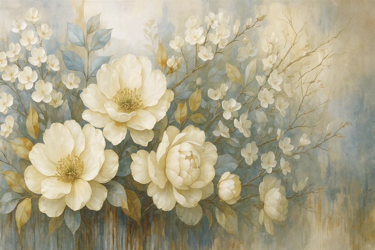 Fototapeta Teksturowane duże białe oraz jasnożółte kwiaty z szaro-zielonymi liśćmi na delikatnym, rozmytym tle.