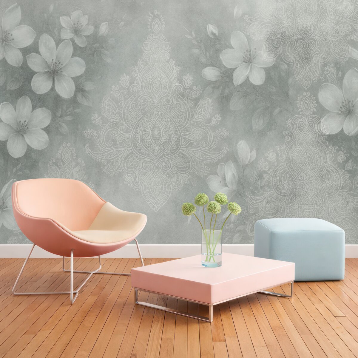 Fototapeta Miękki obraz subtelnych białych kwiatów na rozmytym, koronkowym szarym tle.