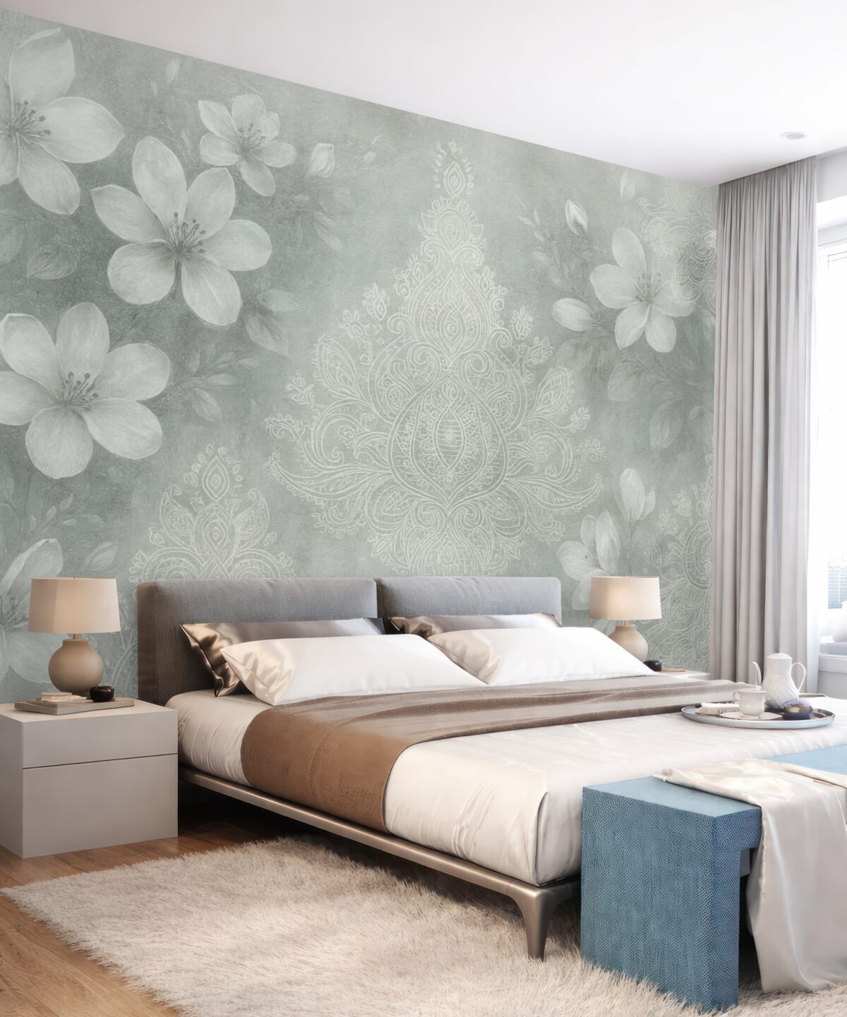 Fototapeta Miękki obraz subtelnych białych kwiatów na rozmytym, koronkowym szarym tle.