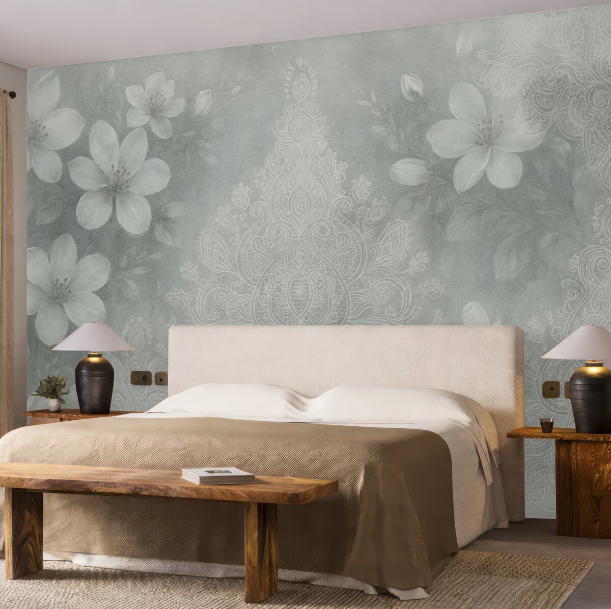 Fototapeta Miękki obraz subtelnych białych kwiatów na rozmytym, koronkowym szarym tle.