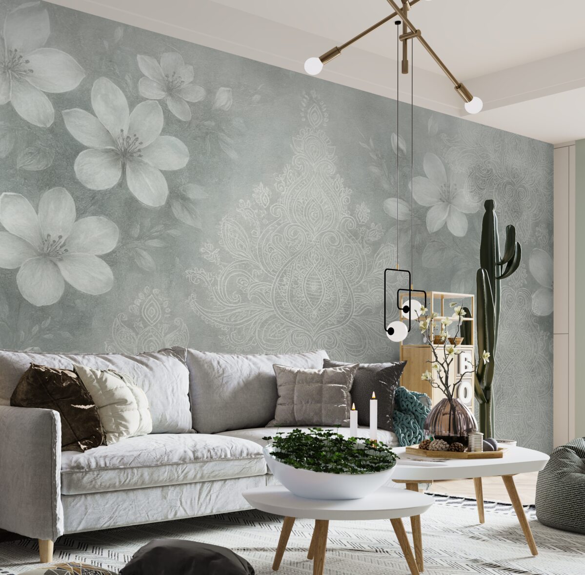 Fototapeta Miękki obraz subtelnych białych kwiatów na rozmytym, koronkowym szarym tle.