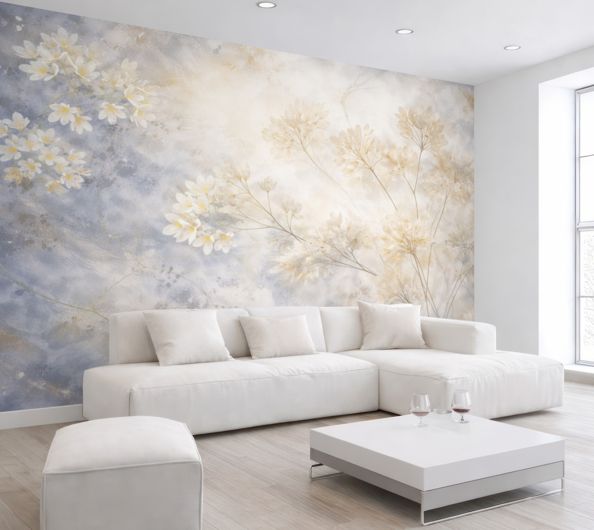 Fototapeta Subtelny abstrakcyjny pastelowy wzór białych kwiatów na zamglonym tle, delikatny i pełen lekkości.