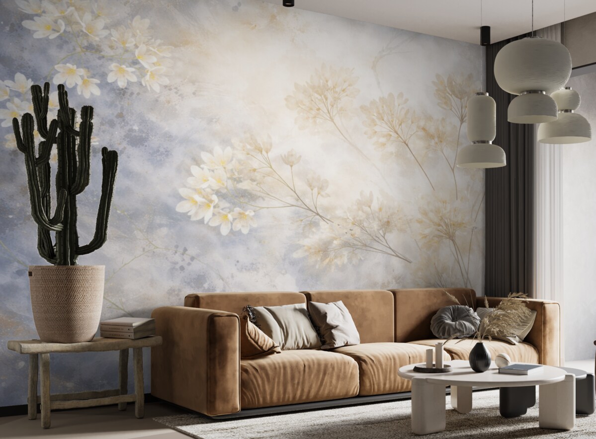 Fototapeta Subtelny abstrakcyjny pastelowy wzór białych kwiatów na zamglonym tle, delikatny i pełen lekkości.