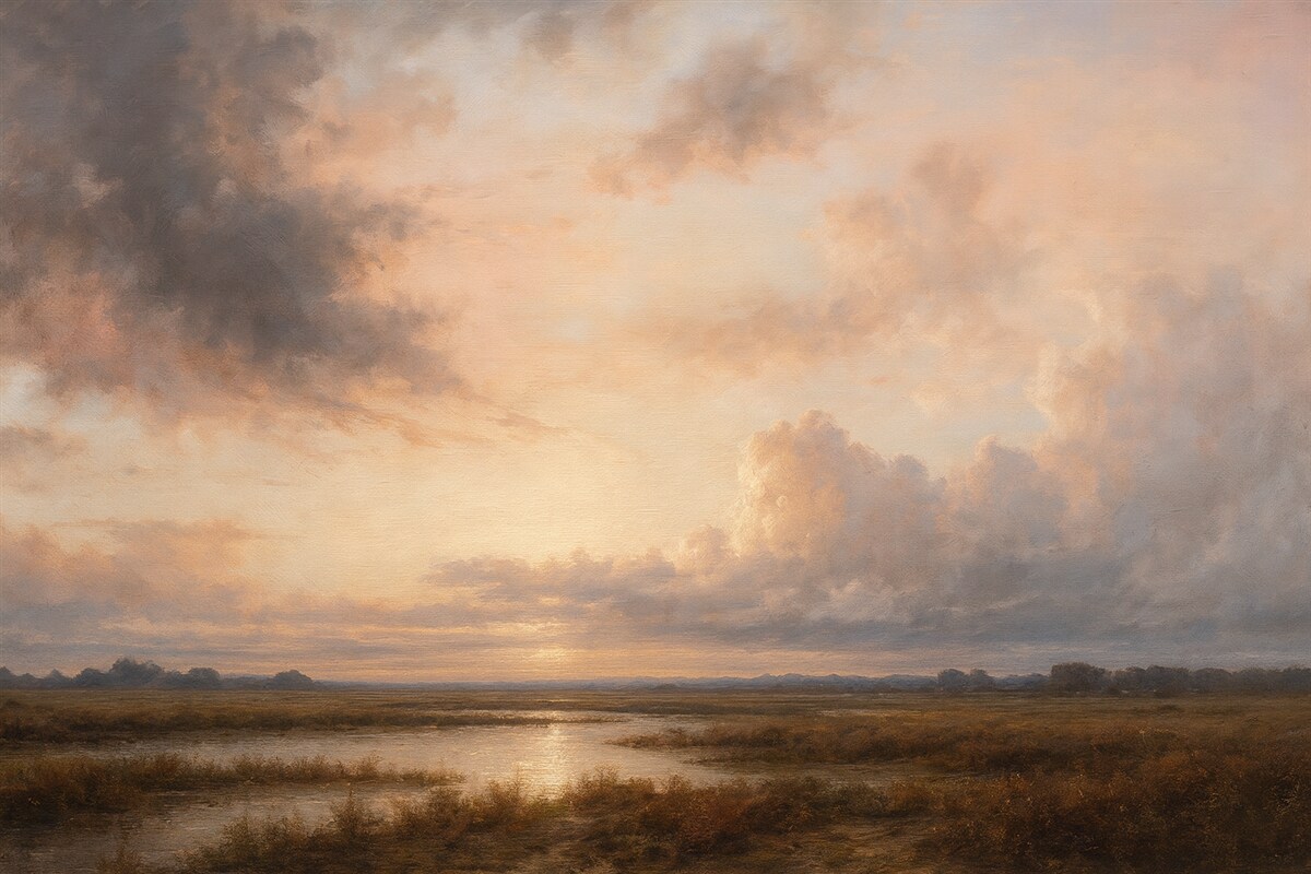 Fototapeta Dramatyczny krajobraz z fakturą ukazujący pochmurne niebo nad cichym jeziorem o zmierzchu, z dostrzegalnymi w tle pagórkami.