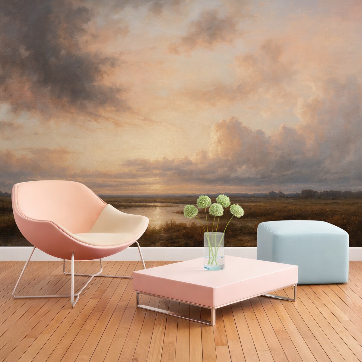 Fototapeta Dramatyczny krajobraz z fakturą ukazujący pochmurne niebo nad cichym jeziorem o zmierzchu, z dostrzegalnymi w tle pagórkami.