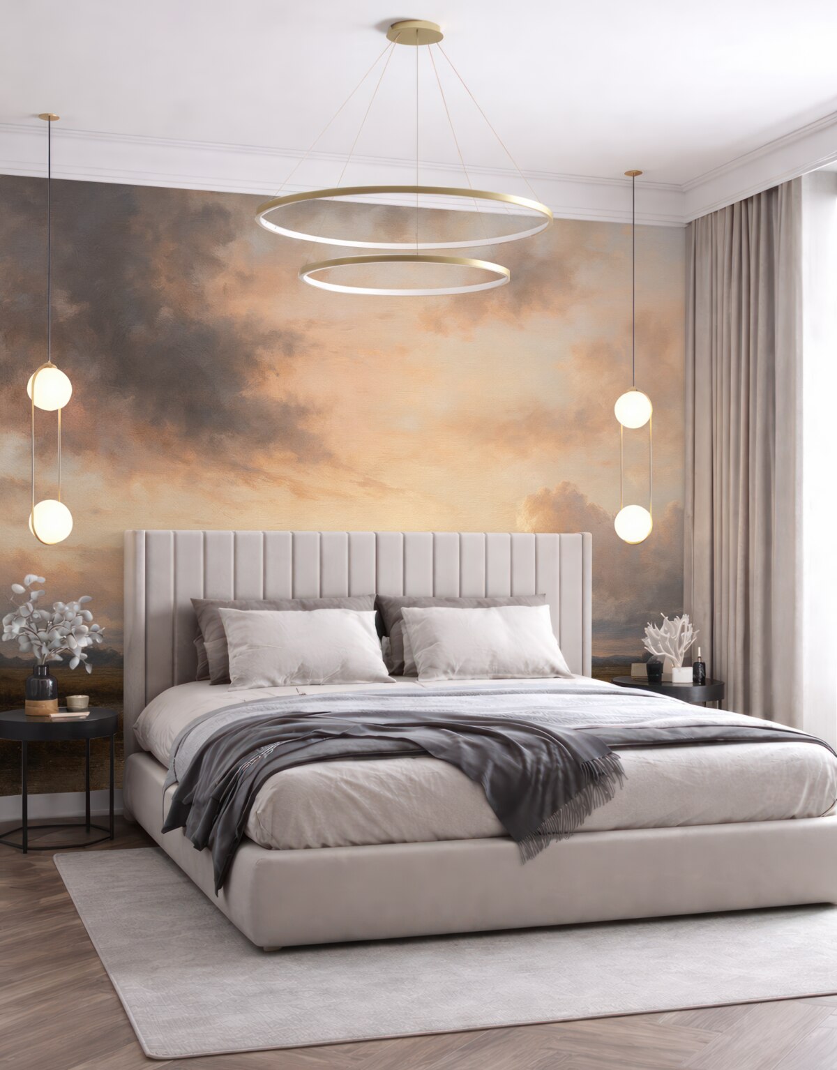 Fototapeta Dramatyczny krajobraz z fakturą ukazujący pochmurne niebo nad cichym jeziorem o zmierzchu, z dostrzegalnymi w tle pagórkami.