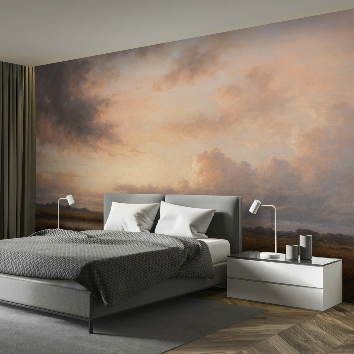 Fototapeta Dramatyczny krajobraz z fakturą ukazujący pochmurne niebo nad cichym jeziorem o zmierzchu, z dostrzegalnymi w tle pagórkami.