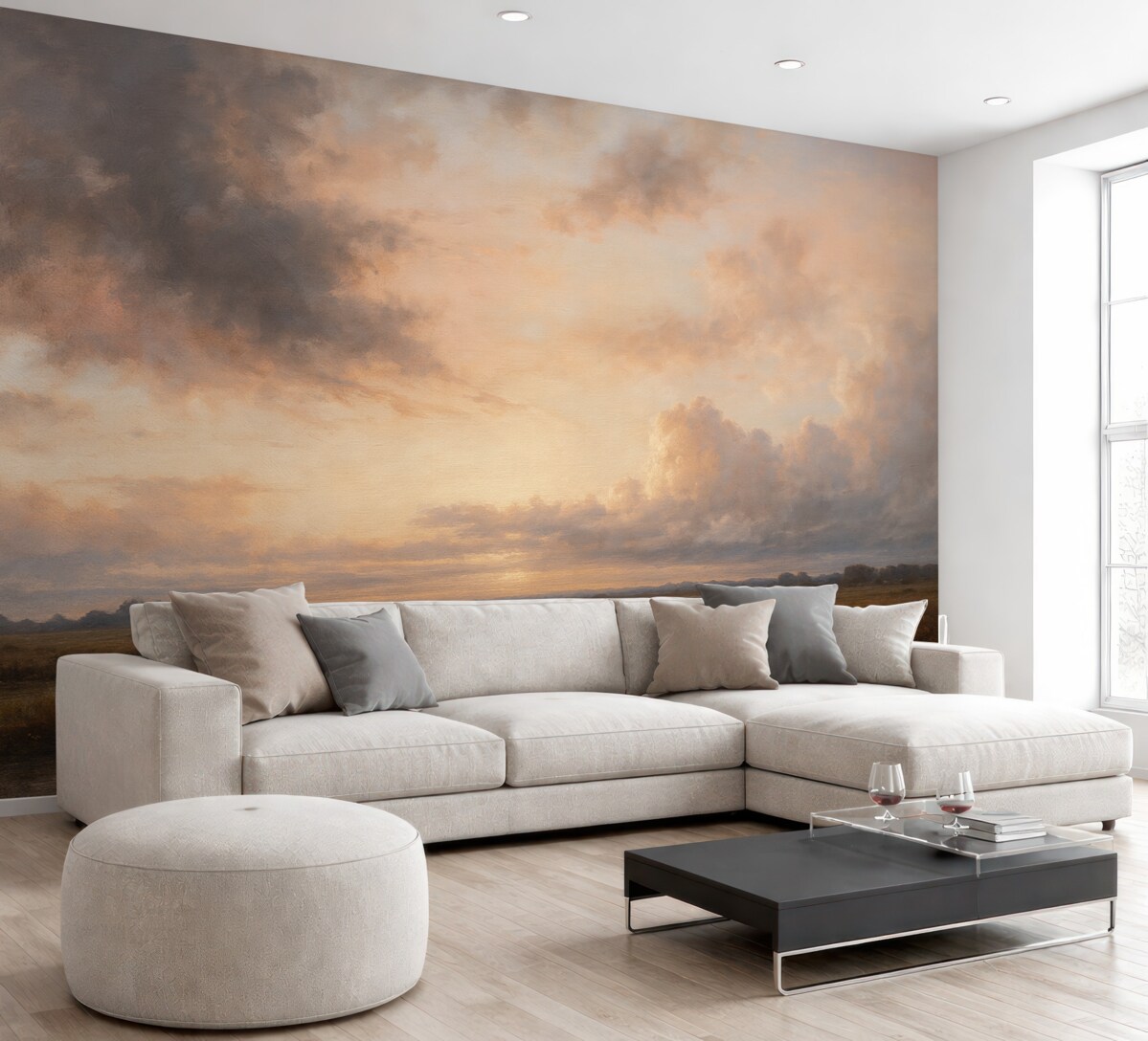 Fototapeta Dramatyczny krajobraz z fakturą ukazujący pochmurne niebo nad cichym jeziorem o zmierzchu, z dostrzegalnymi w tle pagórkami.