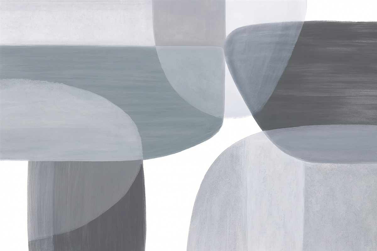 Fototapeta Monochromatyczny abstrakcyjny wzór z nakładającymi się minimalistycznymi formami i kształtami w odcieniach szarości i niebieskiego.