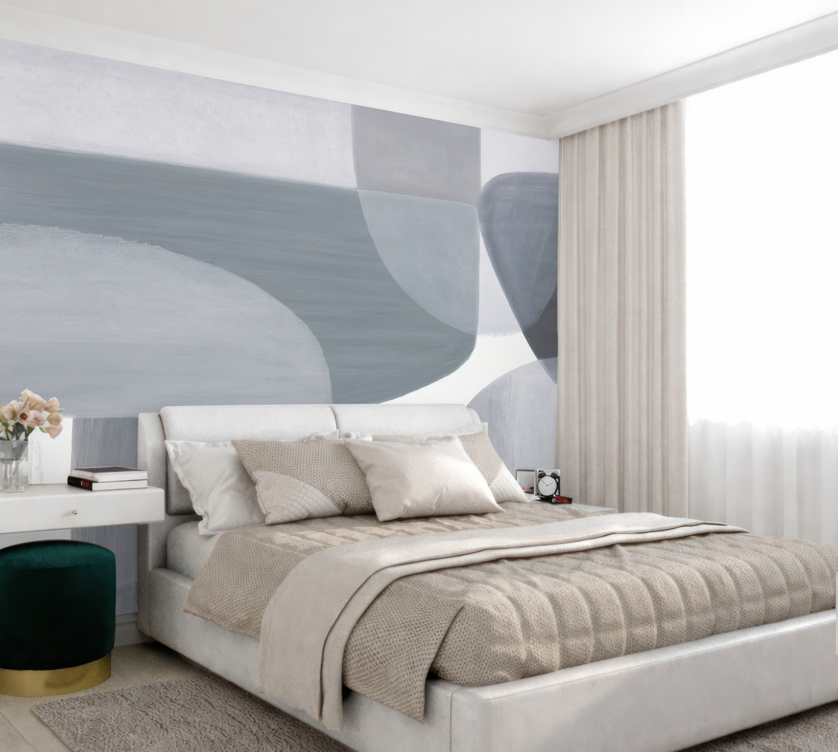 Fototapeta Monochromatyczny abstrakcyjny wzór z nakładającymi się minimalistycznymi formami i kształtami w odcieniach szarości i niebieskiego.