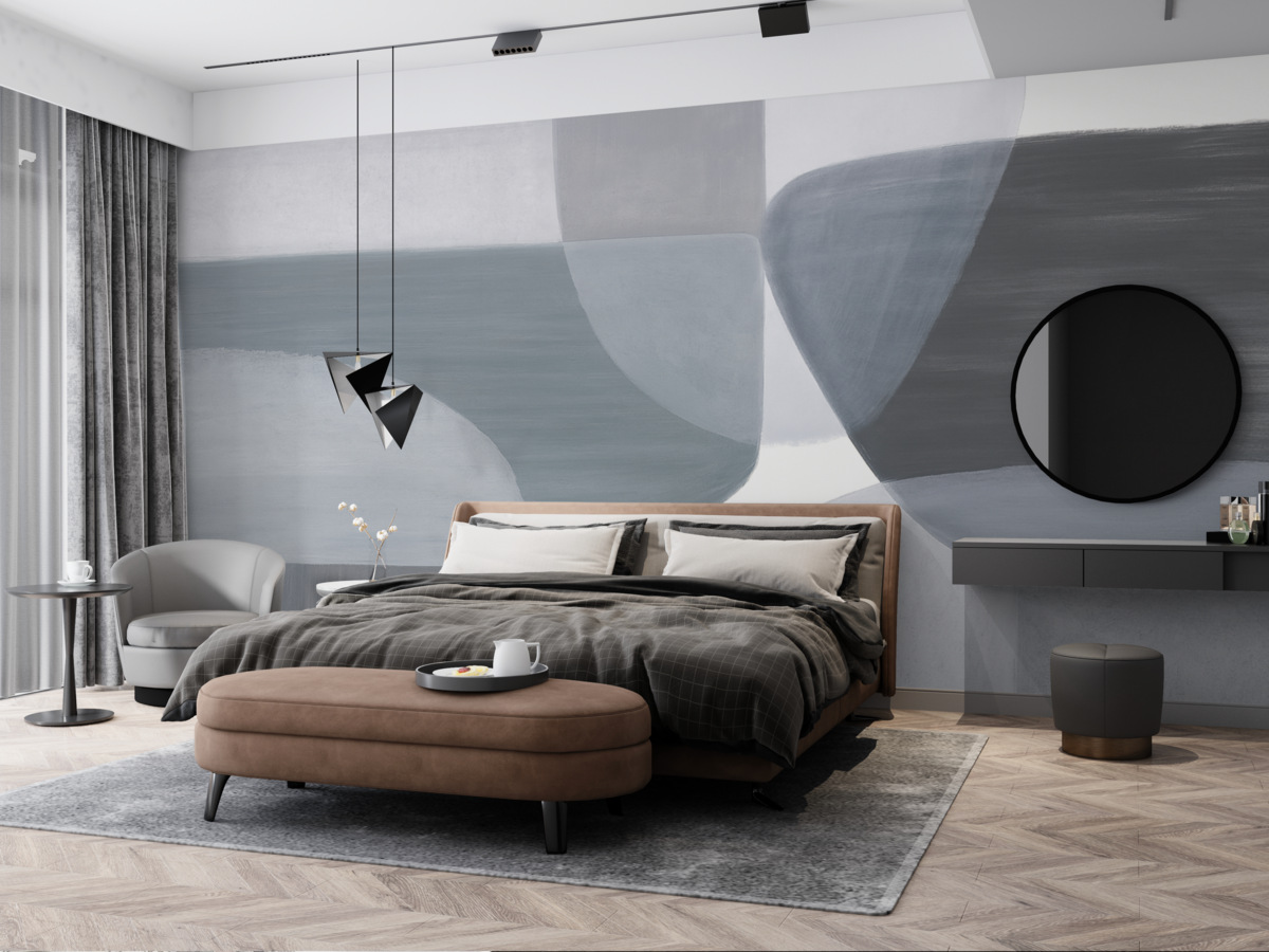 Fototapeta Monochromatyczny abstrakcyjny wzór z nakładającymi się minimalistycznymi formami i kształtami w odcieniach szarości i niebieskiego.