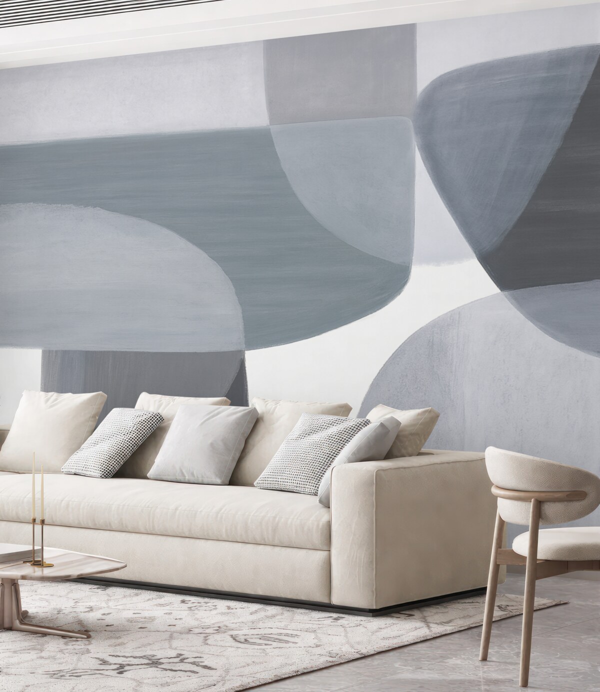 Fototapeta Monochromatyczny abstrakcyjny wzór z nakładającymi się minimalistycznymi formami i kształtami w odcieniach szarości i niebieskiego.