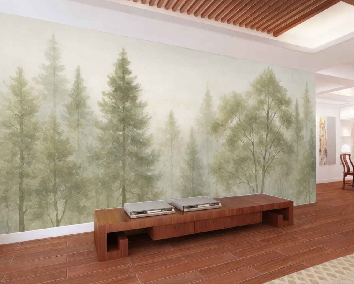 Fototapeta Wysokie, fakturowane sosny w mglistej kniei, z zamgloną, mglistą aurą.