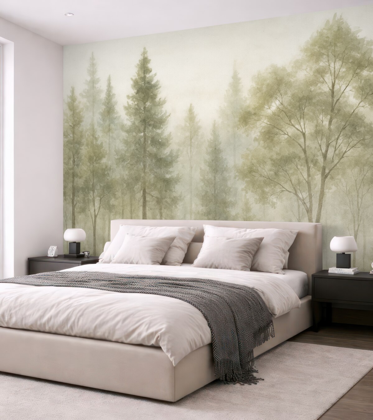 Fototapeta Wysokie, fakturowane sosny w mglistej kniei, z zamgloną, mglistą aurą.