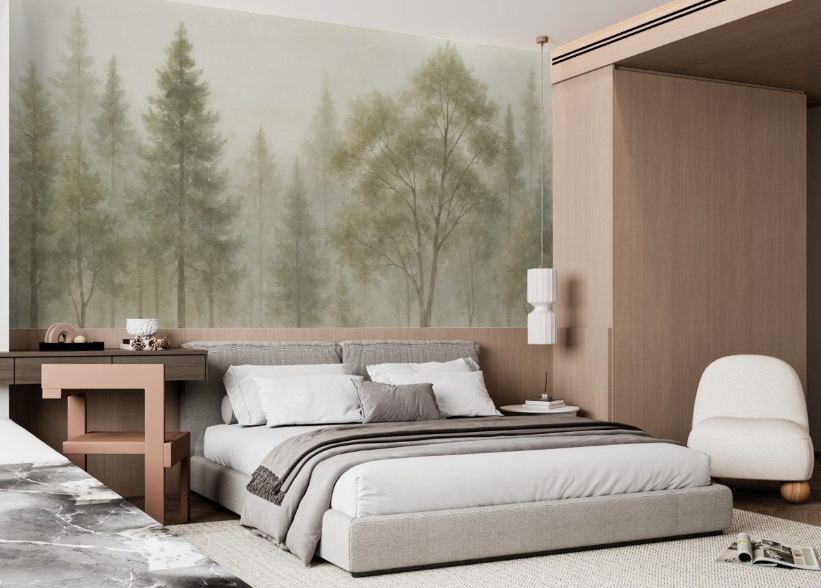 Fototapeta Wysokie, fakturowane sosny w mglistej kniei, z zamgloną, mglistą aurą.