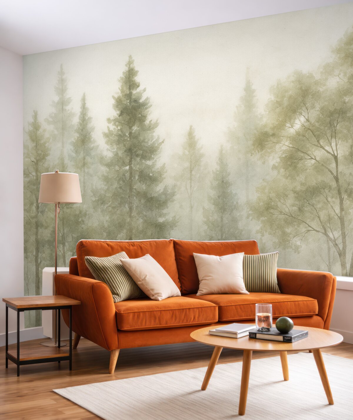 Fototapeta Wysokie, fakturowane sosny w mglistej kniei, z zamgloną, mglistą aurą.