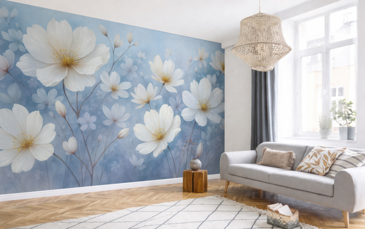 Fototapeta Subtelne białe kwiaty z gładkimi płatkami na rozmytym niebieskim tle, kreujące radosną i lekką atmosferę.