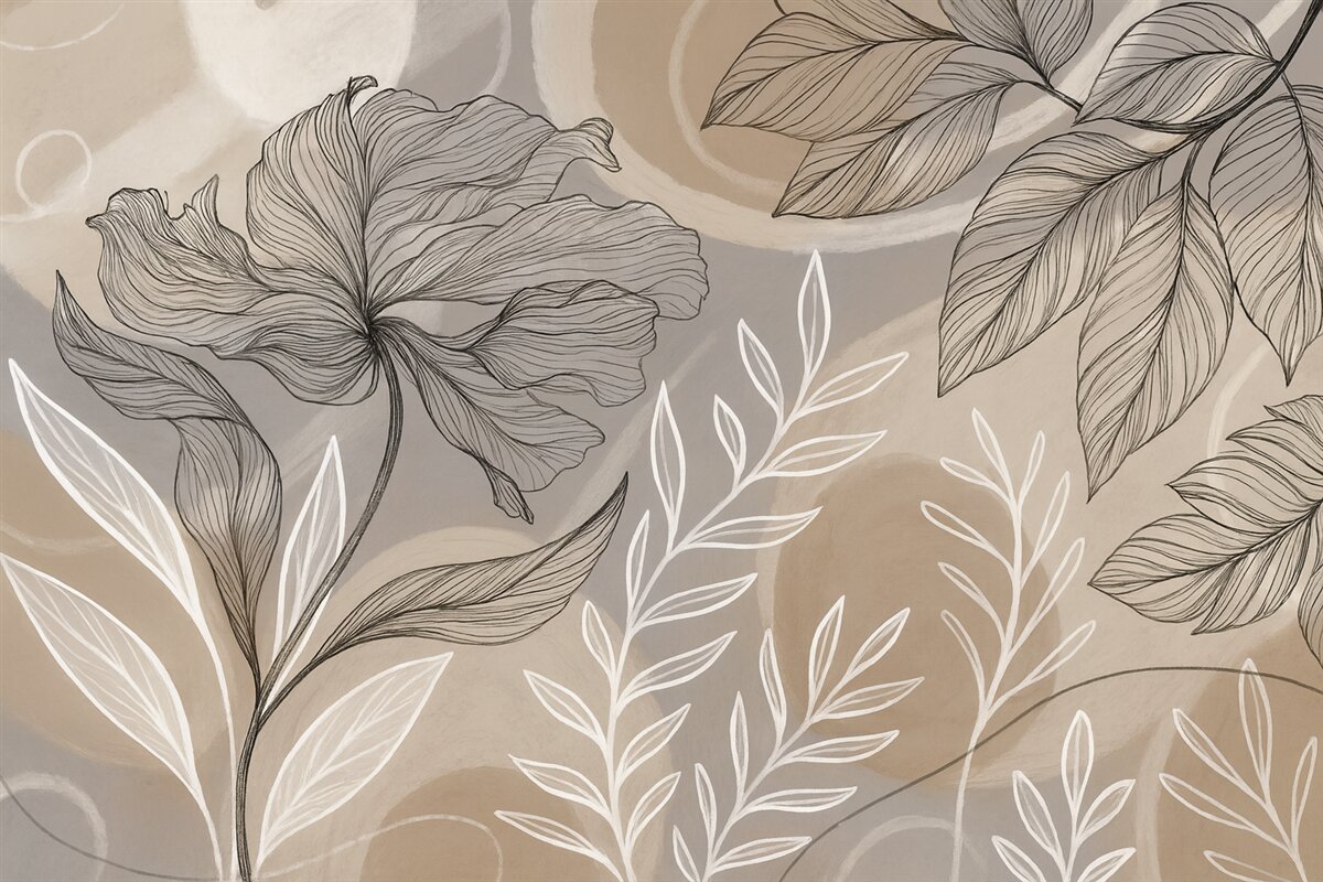 Fototapeta Stylowy kwiatowy wzór z dużymi abstrakcyjnymi kwiatami i liśćmi w tonacjach szarości i beżu na jasnym tle.