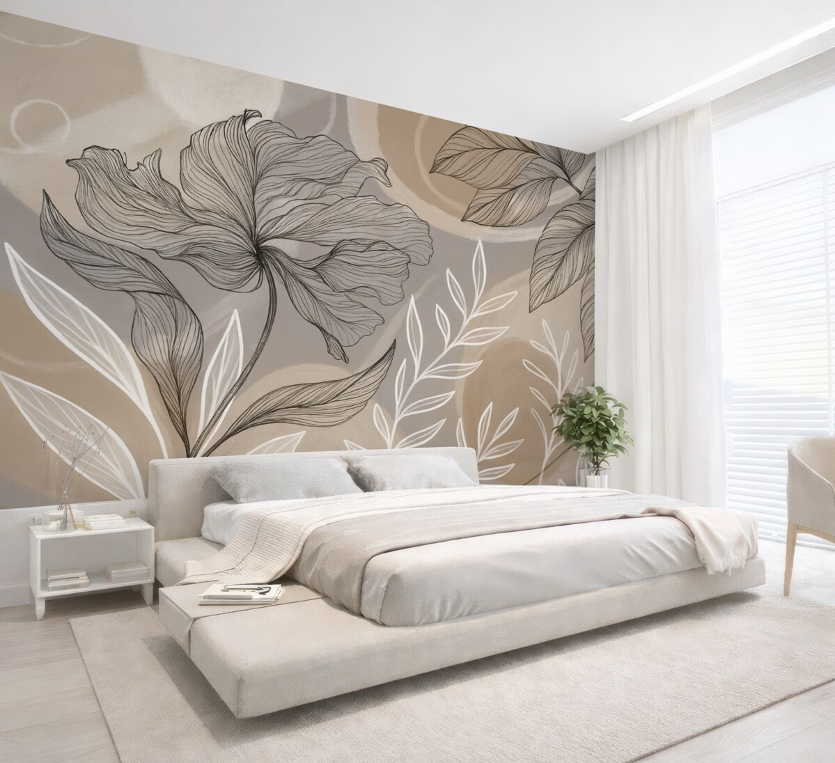 Fototapeta Stylowy kwiatowy wzór z dużymi abstrakcyjnymi kwiatami i liśćmi w tonacjach szarości i beżu na jasnym tle.