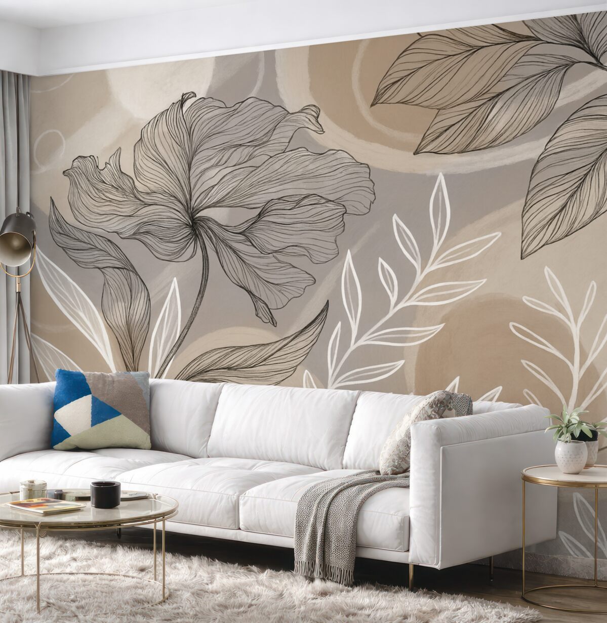 Fototapeta Stylowy kwiatowy wzór z dużymi abstrakcyjnymi kwiatami i liśćmi w tonacjach szarości i beżu na jasnym tle.