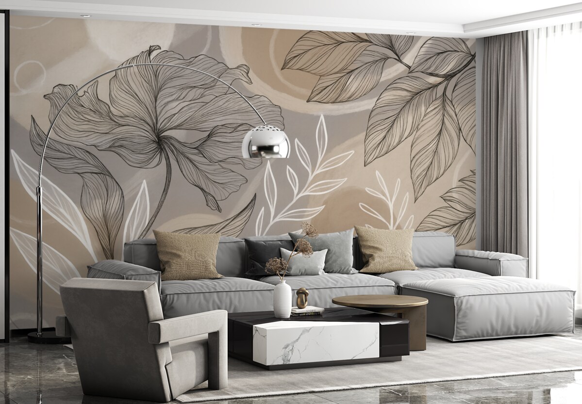 Fototapeta Stylowy kwiatowy wzór z dużymi abstrakcyjnymi kwiatami i liśćmi w tonacjach szarości i beżu na jasnym tle.