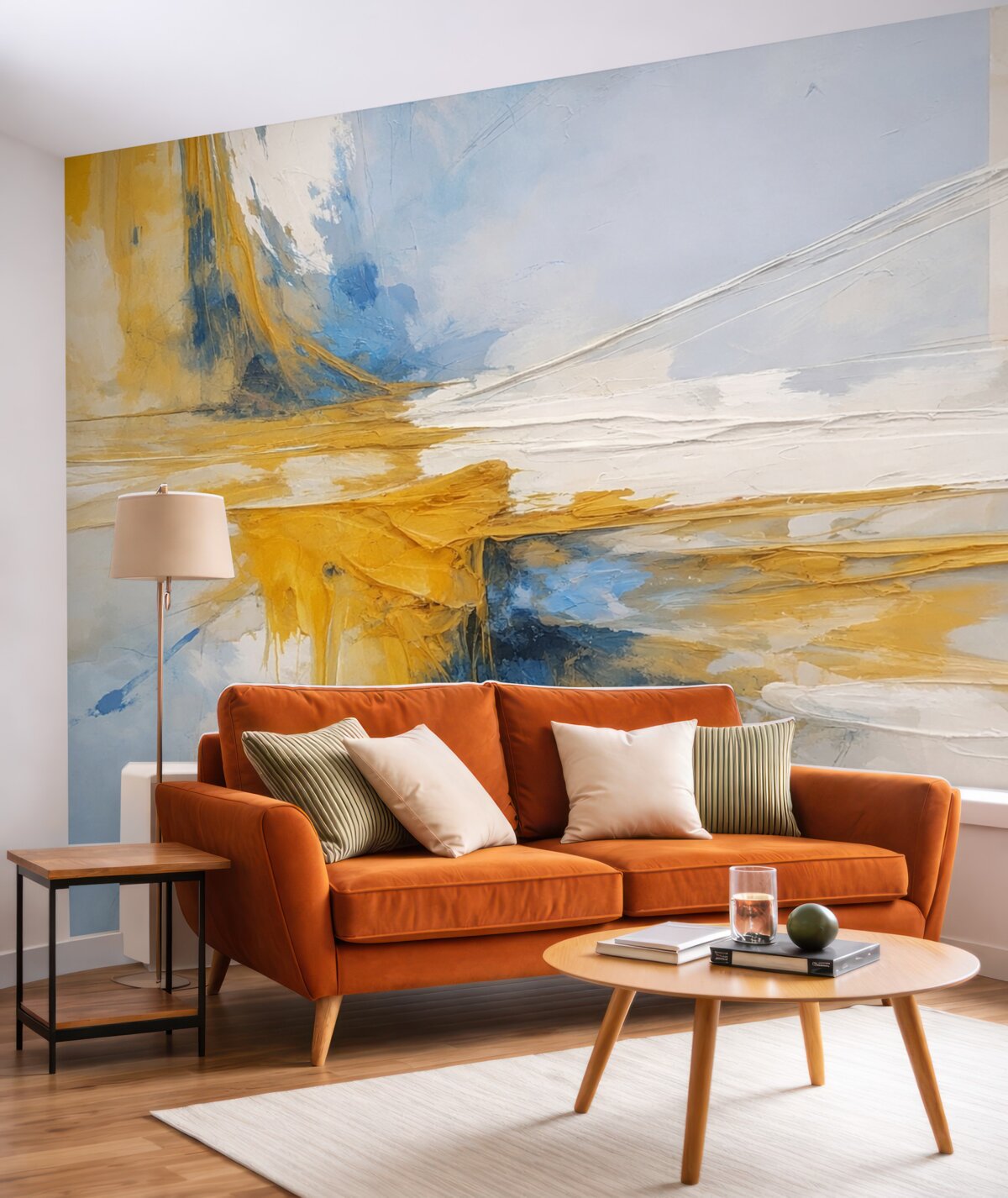 Fototapeta Minimalistyczna abstrakcyjna kompozycja z śmiałymi ruchami pędzla w odcieniach żółtego, niebieskiego i białego.