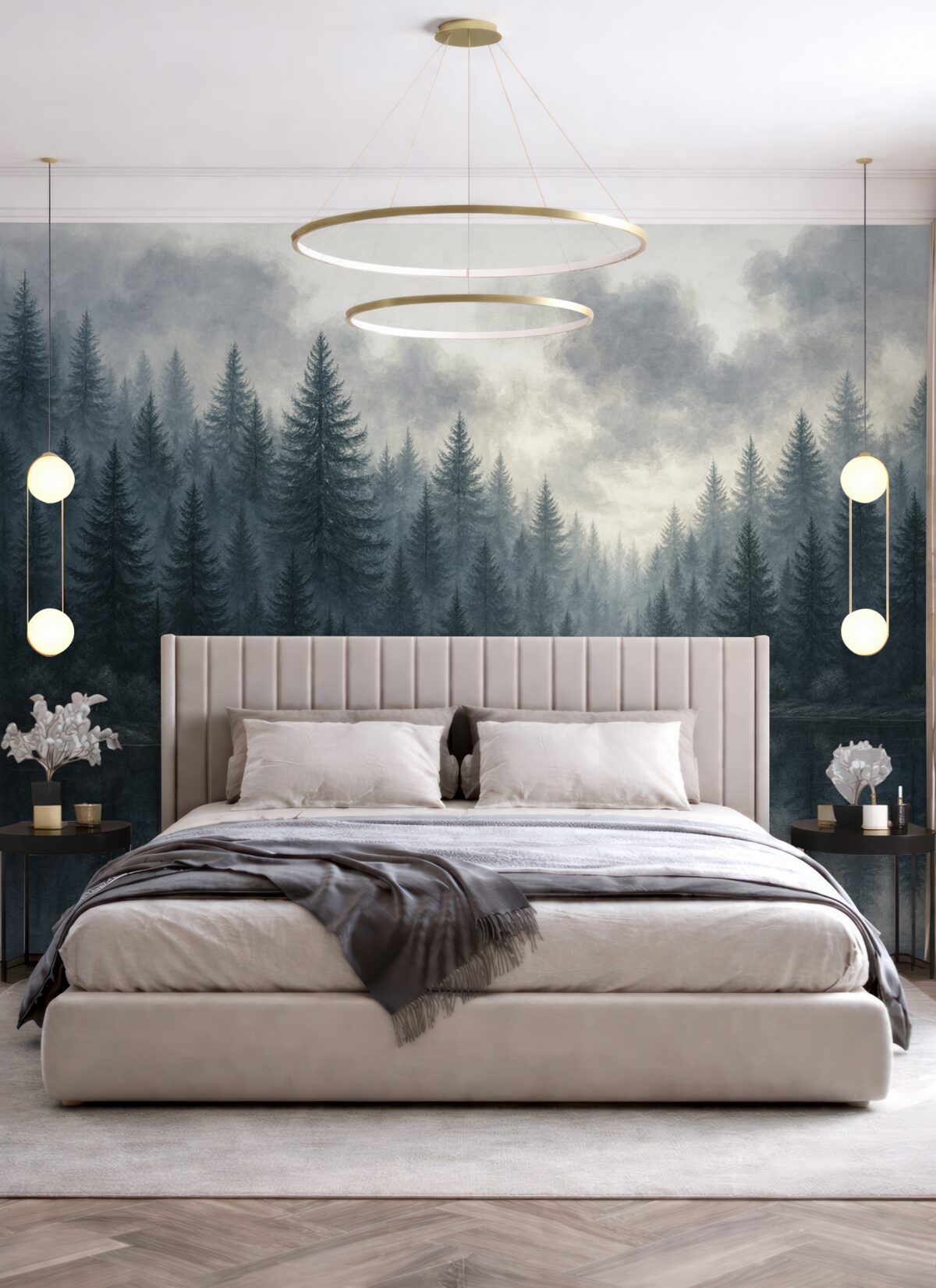 Fototapeta Ciszy krajobraz z lodowatym jeziorem otoczonym gęstym lasem sosnowym, w mglistej, tajemniczej atmosferze.