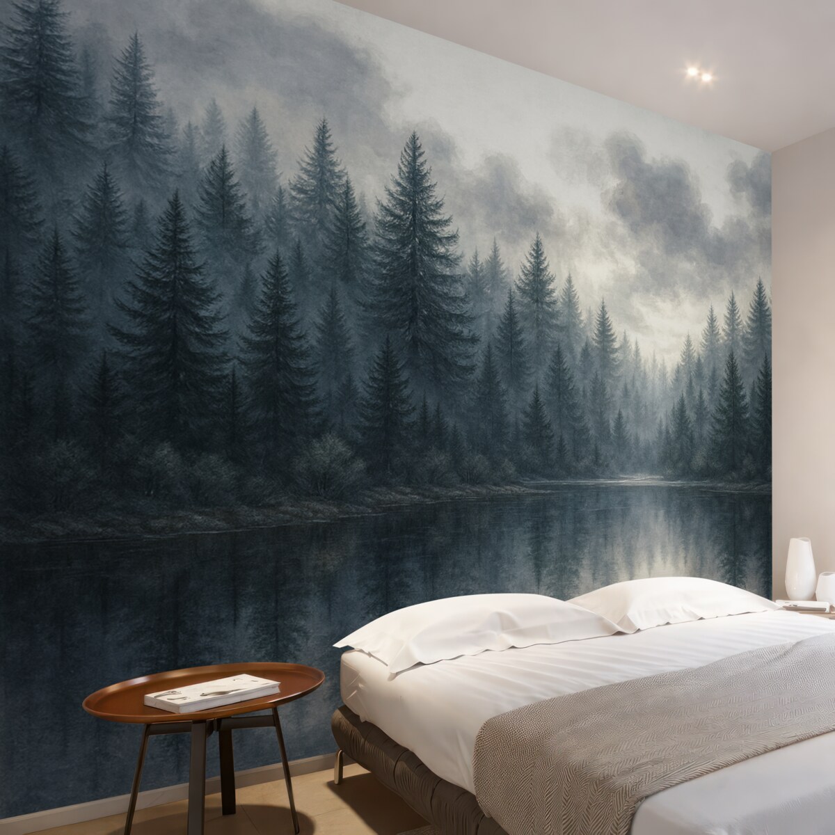 Fototapeta Ciszy krajobraz z lodowatym jeziorem otoczonym gęstym lasem sosnowym, w mglistej, tajemniczej atmosferze.