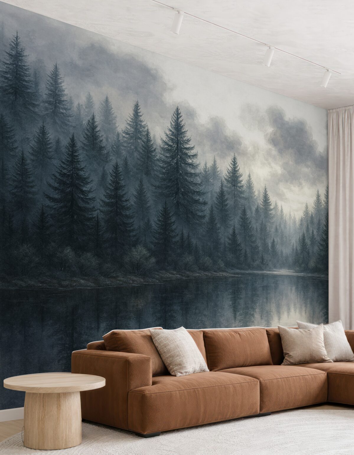 Fototapeta Ciszy krajobraz z lodowatym jeziorem otoczonym gęstym lasem sosnowym, w mglistej, tajemniczej atmosferze.