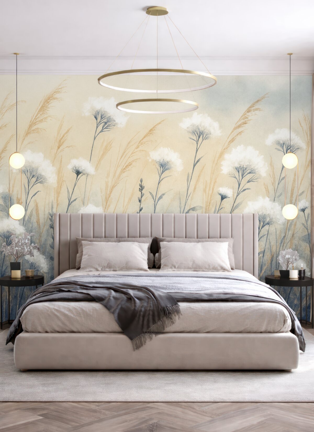 Fototapeta Puszysta biała bawełniana trawa na nieostrym teksturowanym tle, z delikatną, mglistą i radosną aurą.