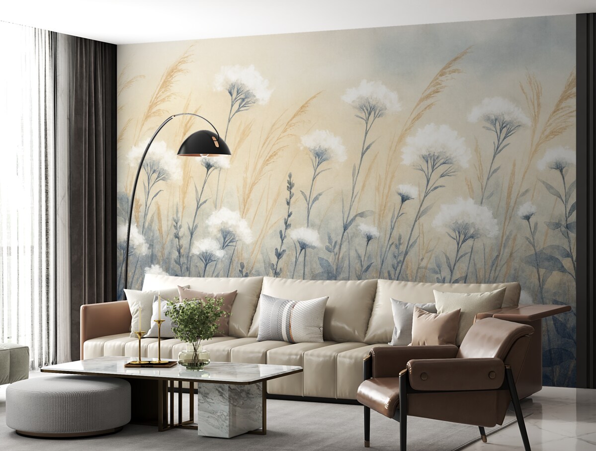 Fototapeta Puszysta biała bawełniana trawa na nieostrym teksturowanym tle, z delikatną, mglistą i radosną aurą.