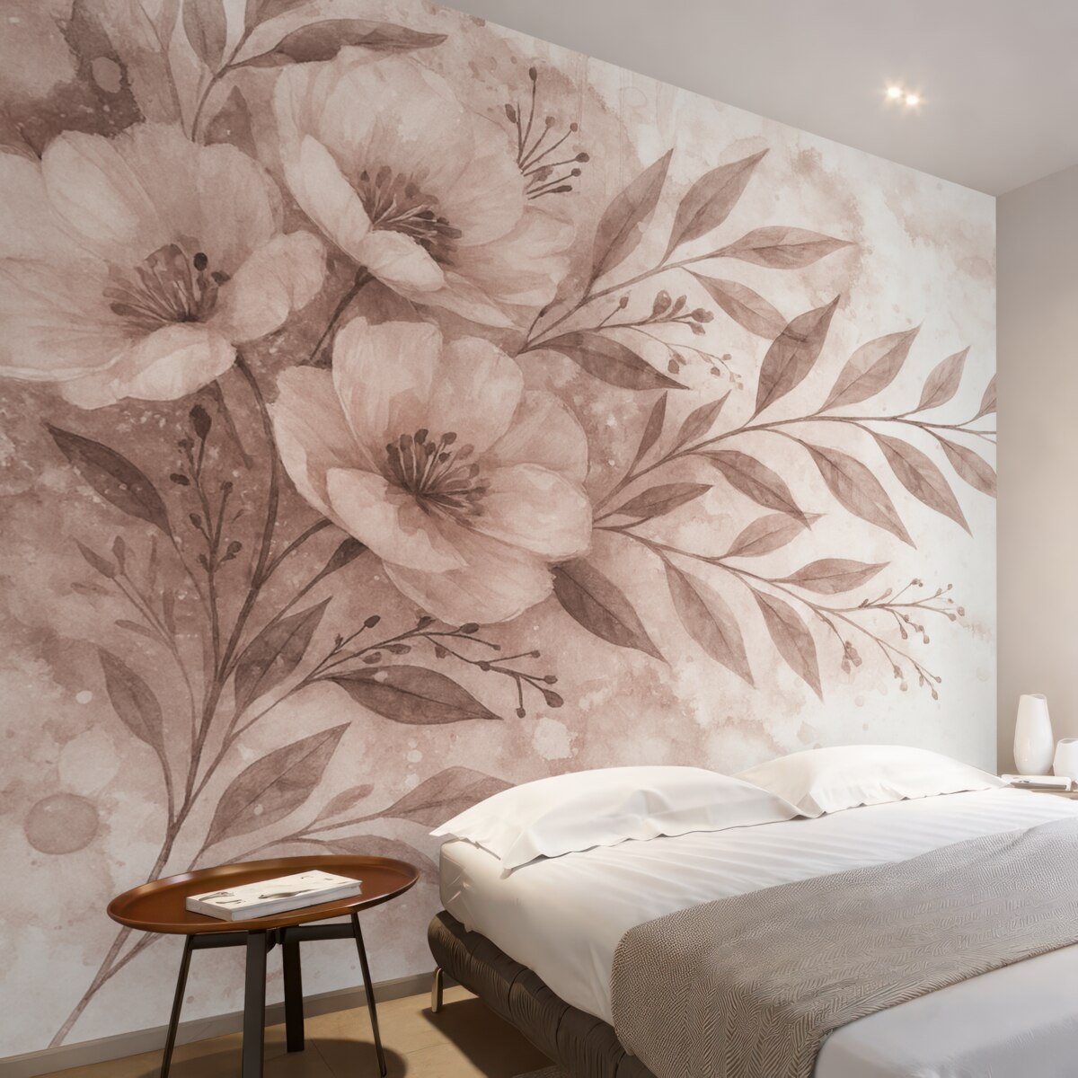 Fototapeta Subtelny różowy akcent z abstrakcyjnymi motywami roślinnymi na gładkim, rozmytym tle.