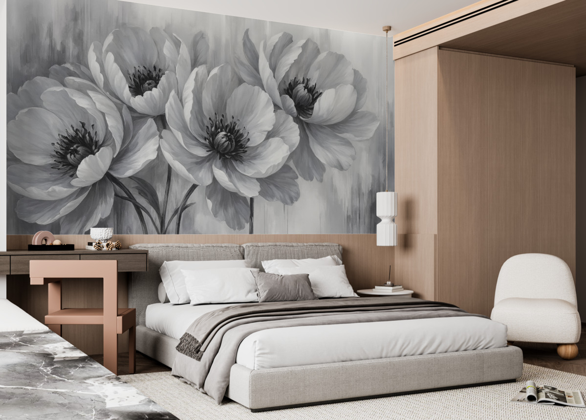 Fototapeta Jednobarwne kwiaty tulipana z delikatnymi, zamglonymi płatkami na jasnym tle.