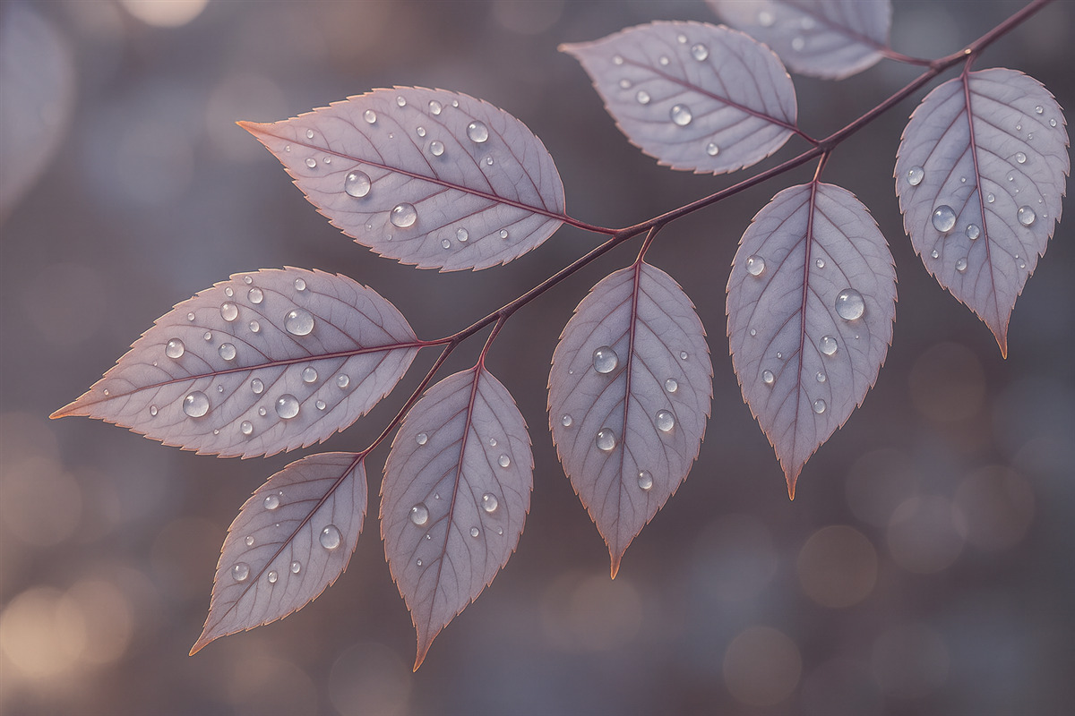 Fototapeta Subtelne fioletowe liście z kroplami wody, gładkie tło rozmycia.