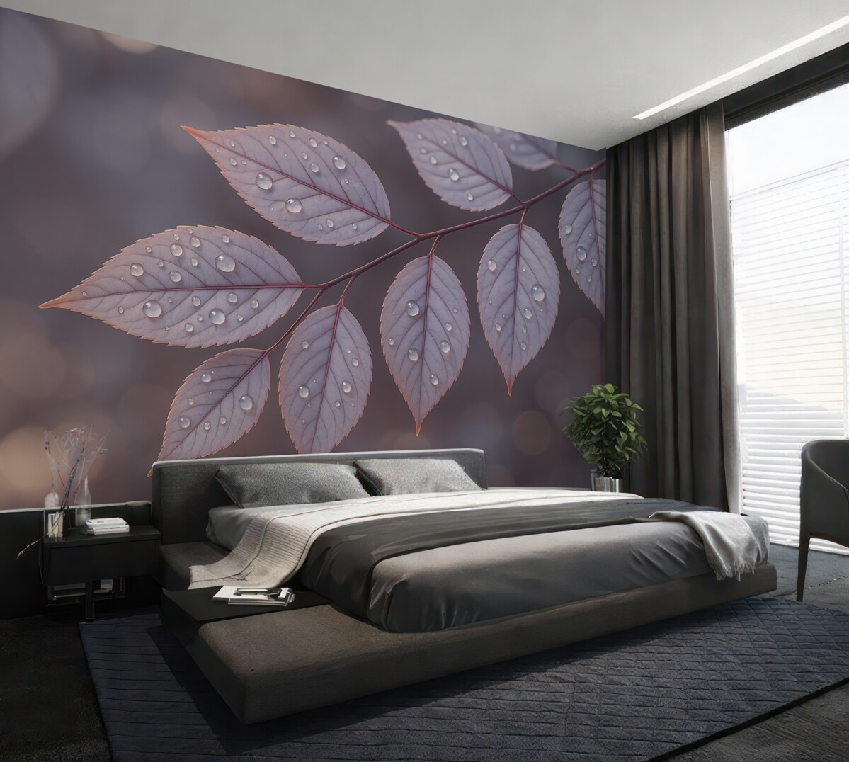 Fototapeta Subtelne fioletowe liście z kroplami wody, gładkie tło rozmycia.