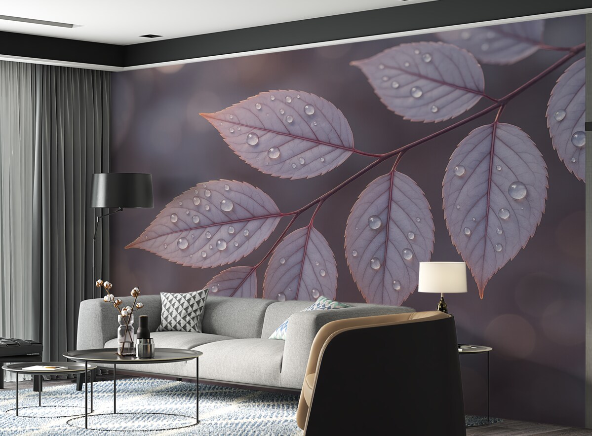 Fototapeta Subtelne fioletowe liście z kroplami wody, gładkie tło rozmycia.