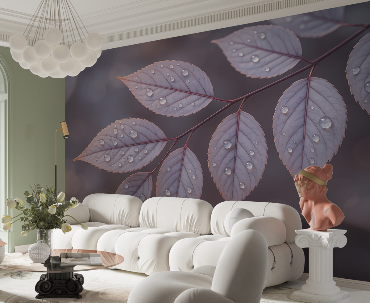 Fototapeta Subtelne fioletowe liście z kroplami wody, gładkie tło rozmycia.