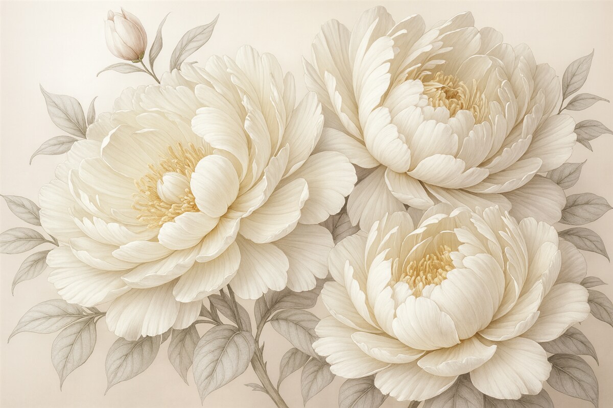 Fototapeta Subtelne, pastelowe białe piwonie z gęstymi liśćmi na łagodnym, neutralnym tle.