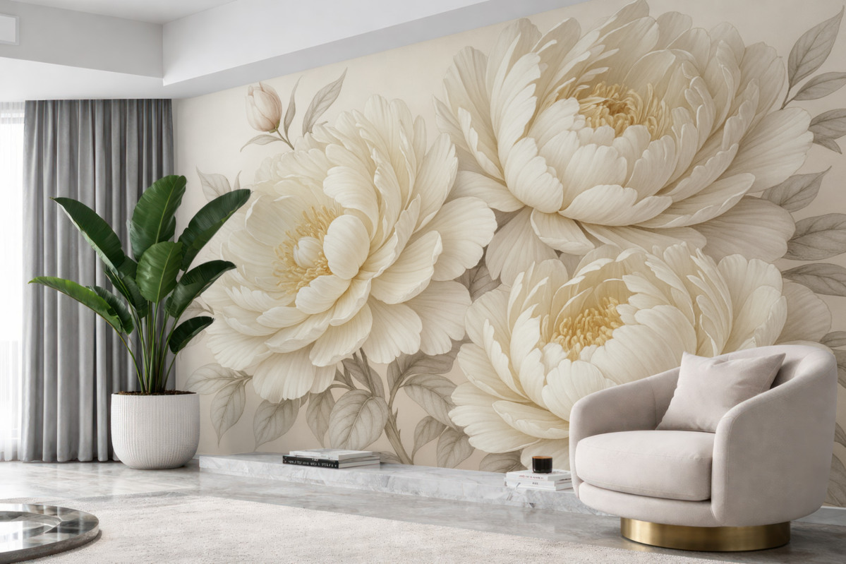 Fototapeta Subtelne, pastelowe białe piwonie z gęstymi liśćmi na łagodnym, neutralnym tle.