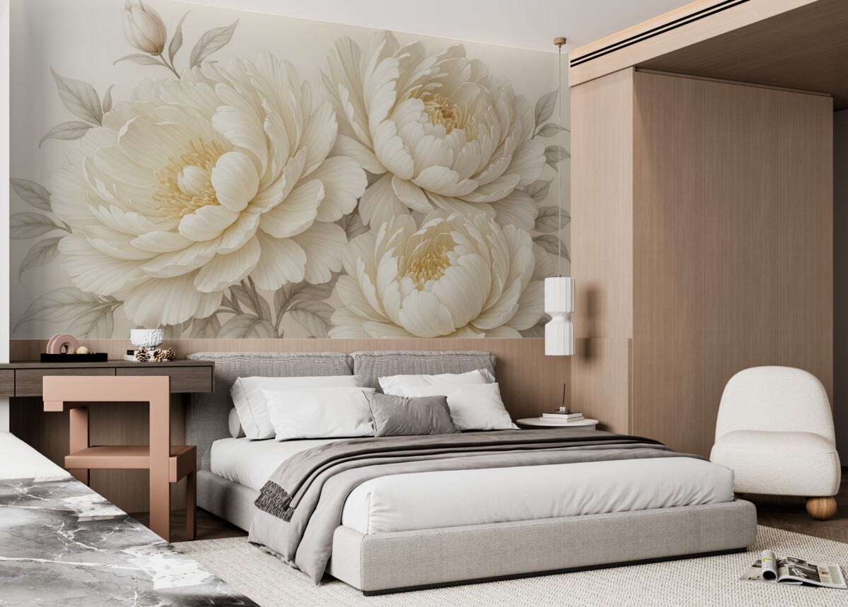 Fototapeta Subtelne, pastelowe białe piwonie z gęstymi liśćmi na łagodnym, neutralnym tle.