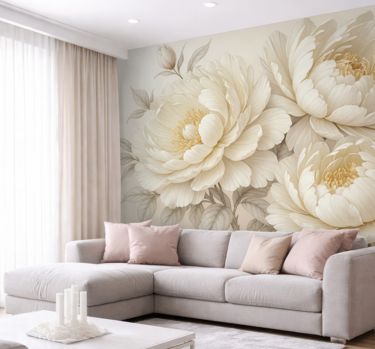 Fototapeta Subtelne, pastelowe białe piwonie z gęstymi liśćmi na łagodnym, neutralnym tle.