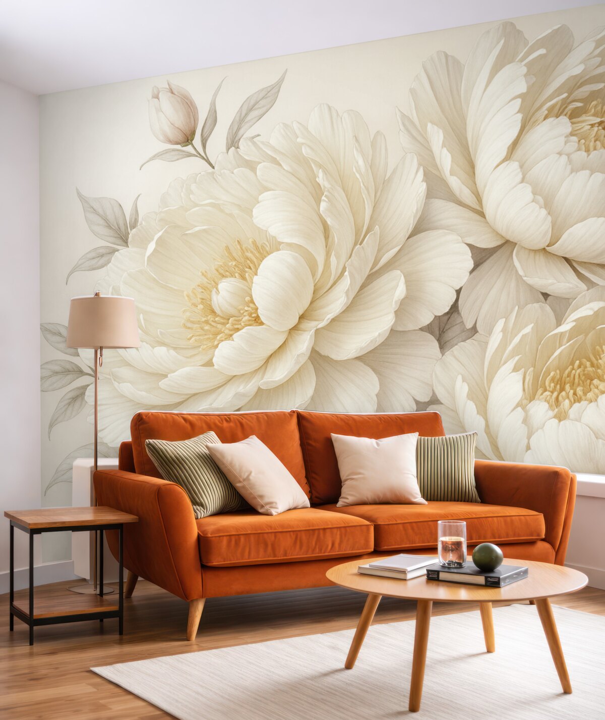 Fototapeta Subtelne, pastelowe białe piwonie z gęstymi liśćmi na łagodnym, neutralnym tle.