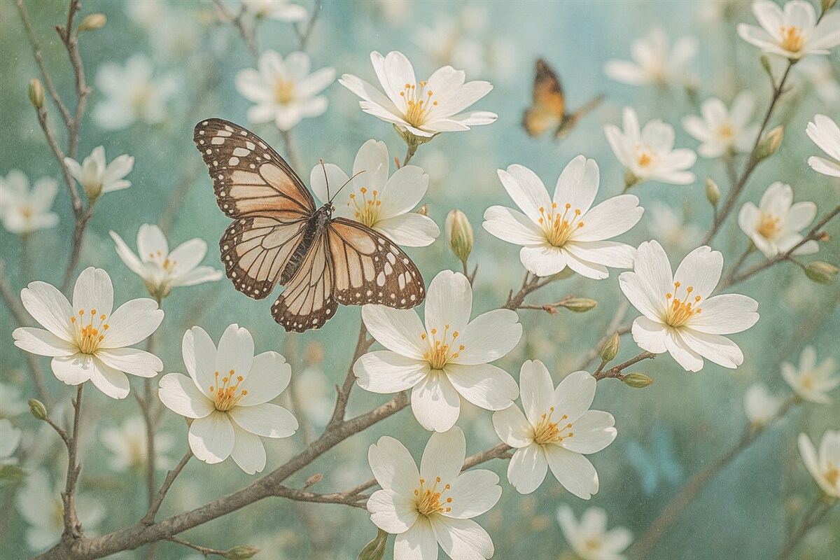 Fototapeta Biały motyl na gałązce z subtelnymi białymi kwiatami wiśni na pierwszym planie na zamazanym tle.